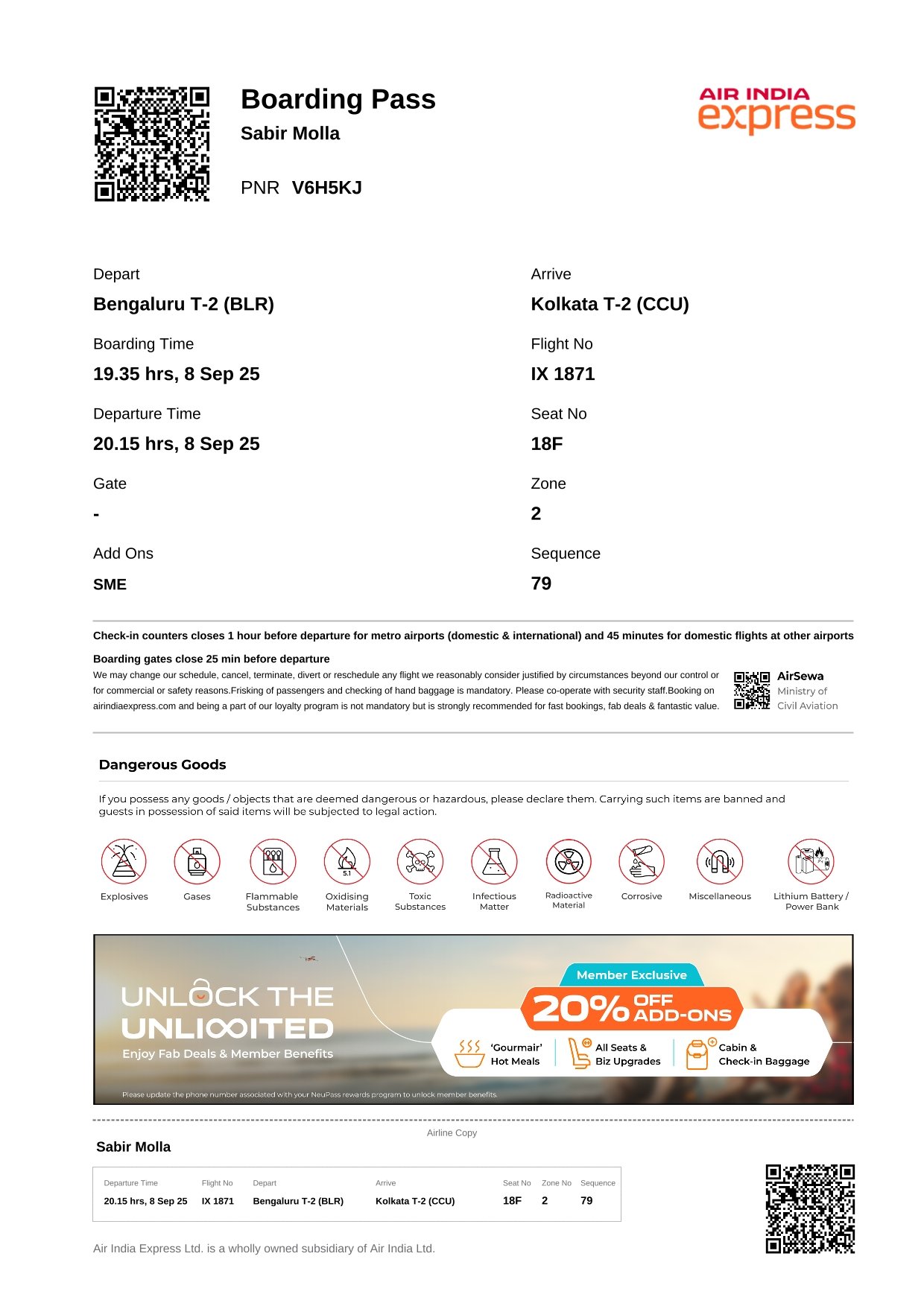 Air India Express web check-in interface for boarding pass download