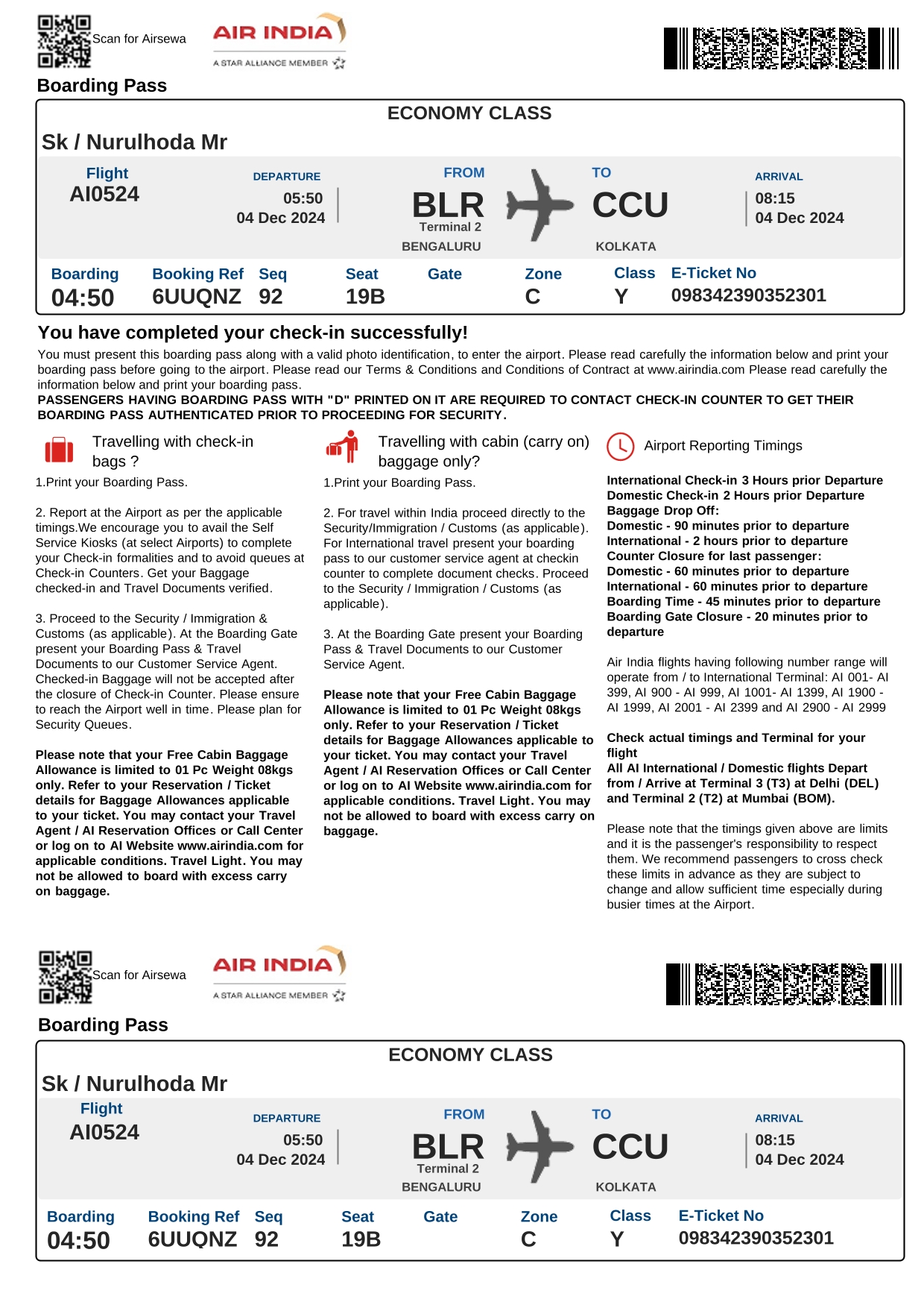 Air India web check-in interface for boarding pass download