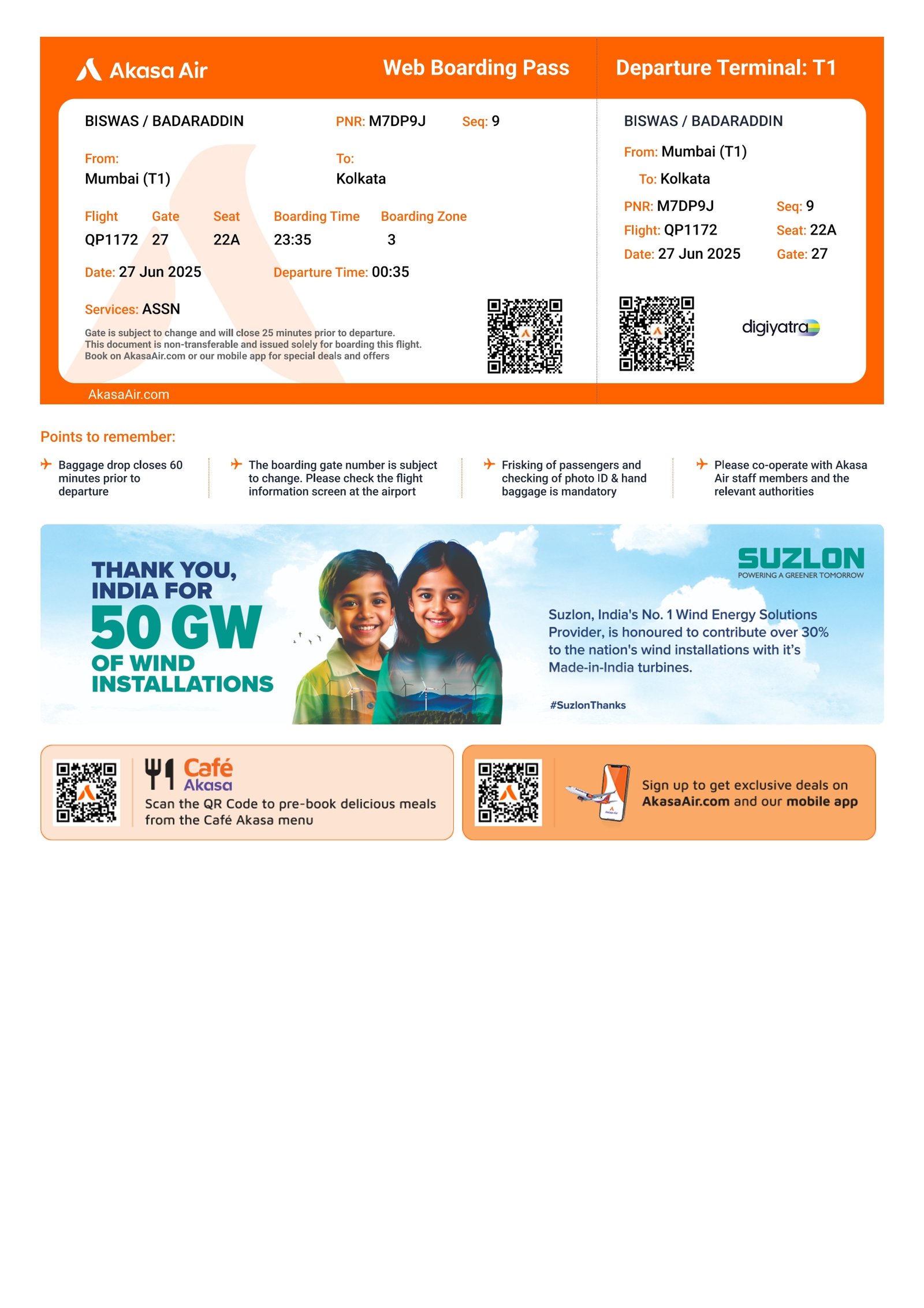 Akasa Air web check-in interface for boarding pass download