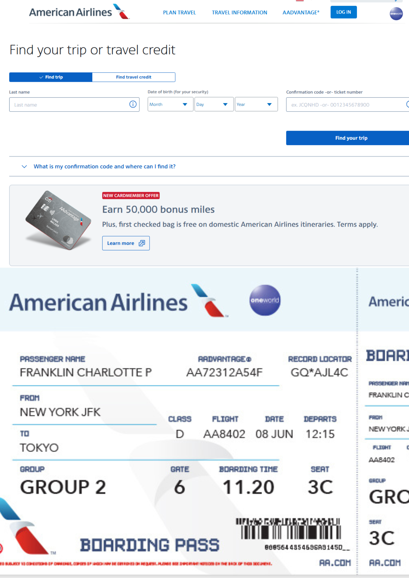 American Airlines check-in interface for online and airport boarding