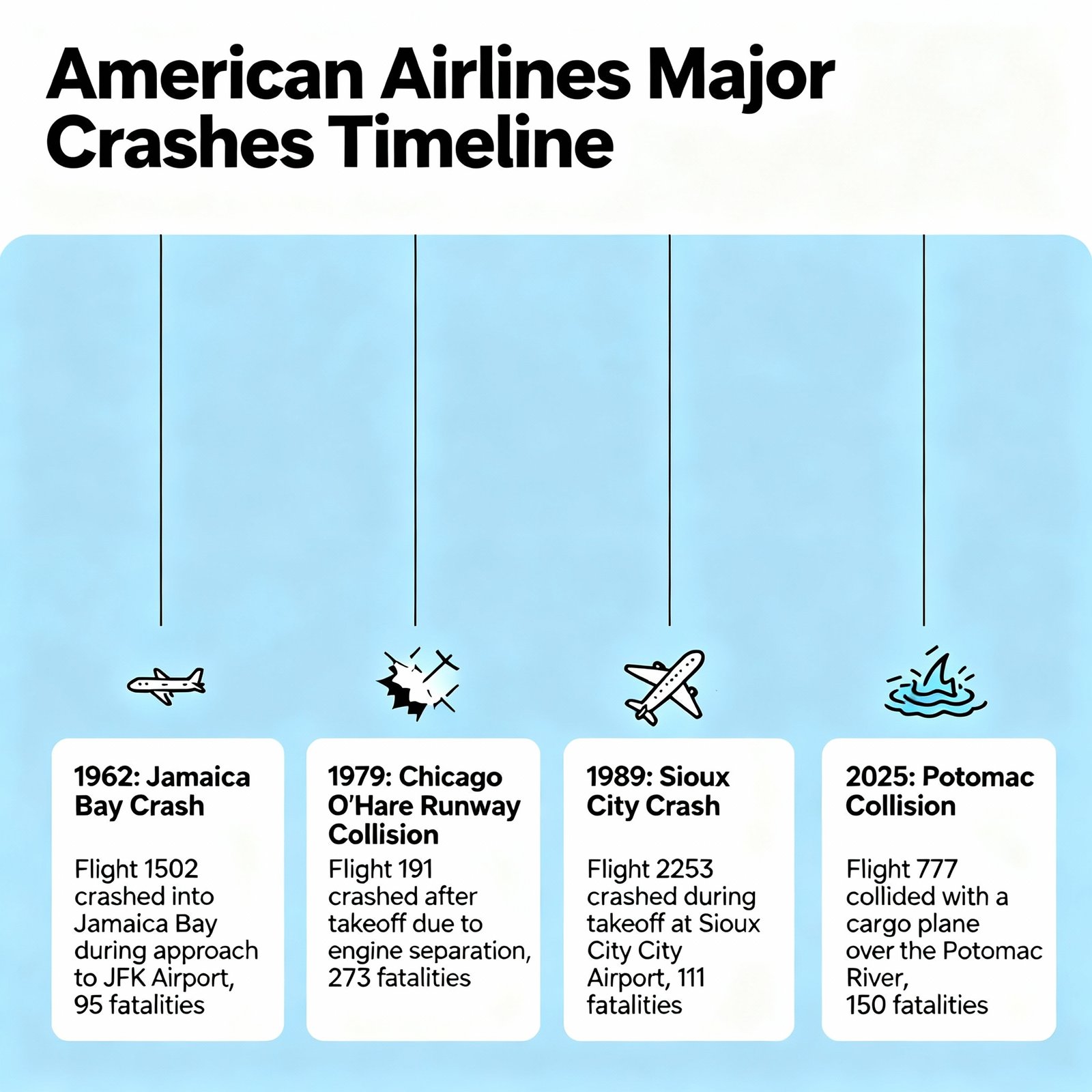 Timeline of American Airlines major crashes and aviation incidents including 2025 Potomac collision