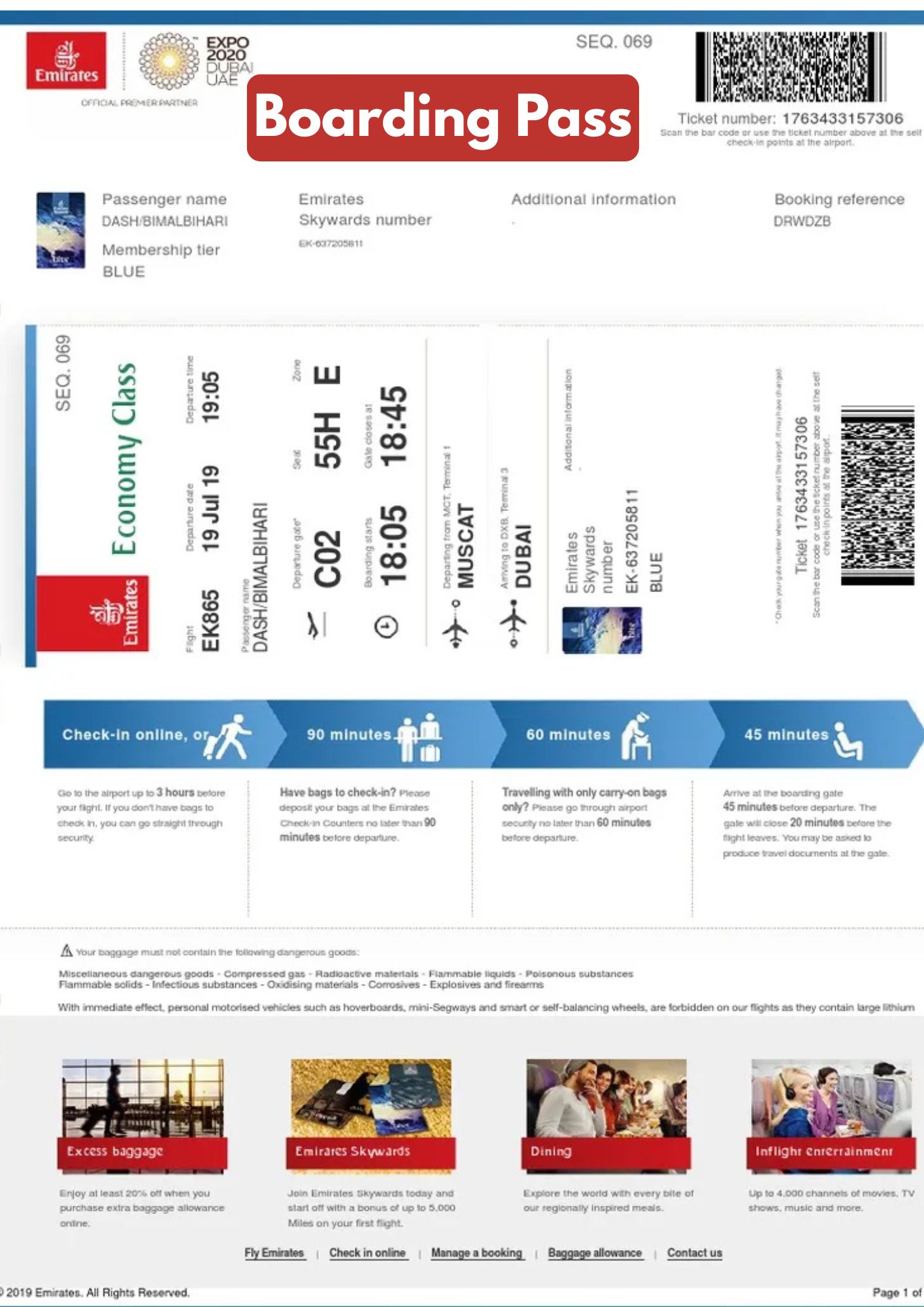 Emirates web check-in interface for boarding pass download