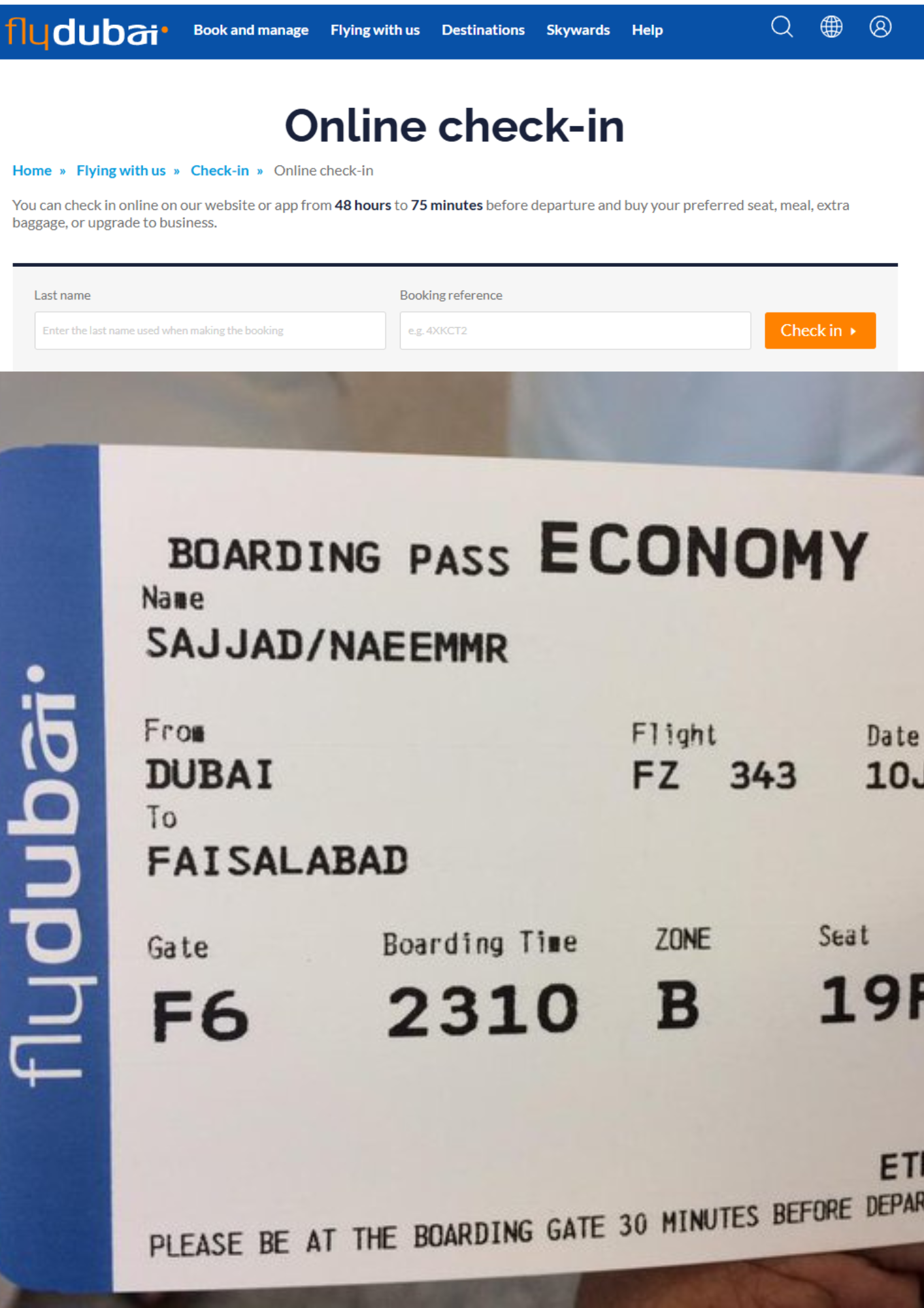 Flydubai web check-in interface for boarding pass download