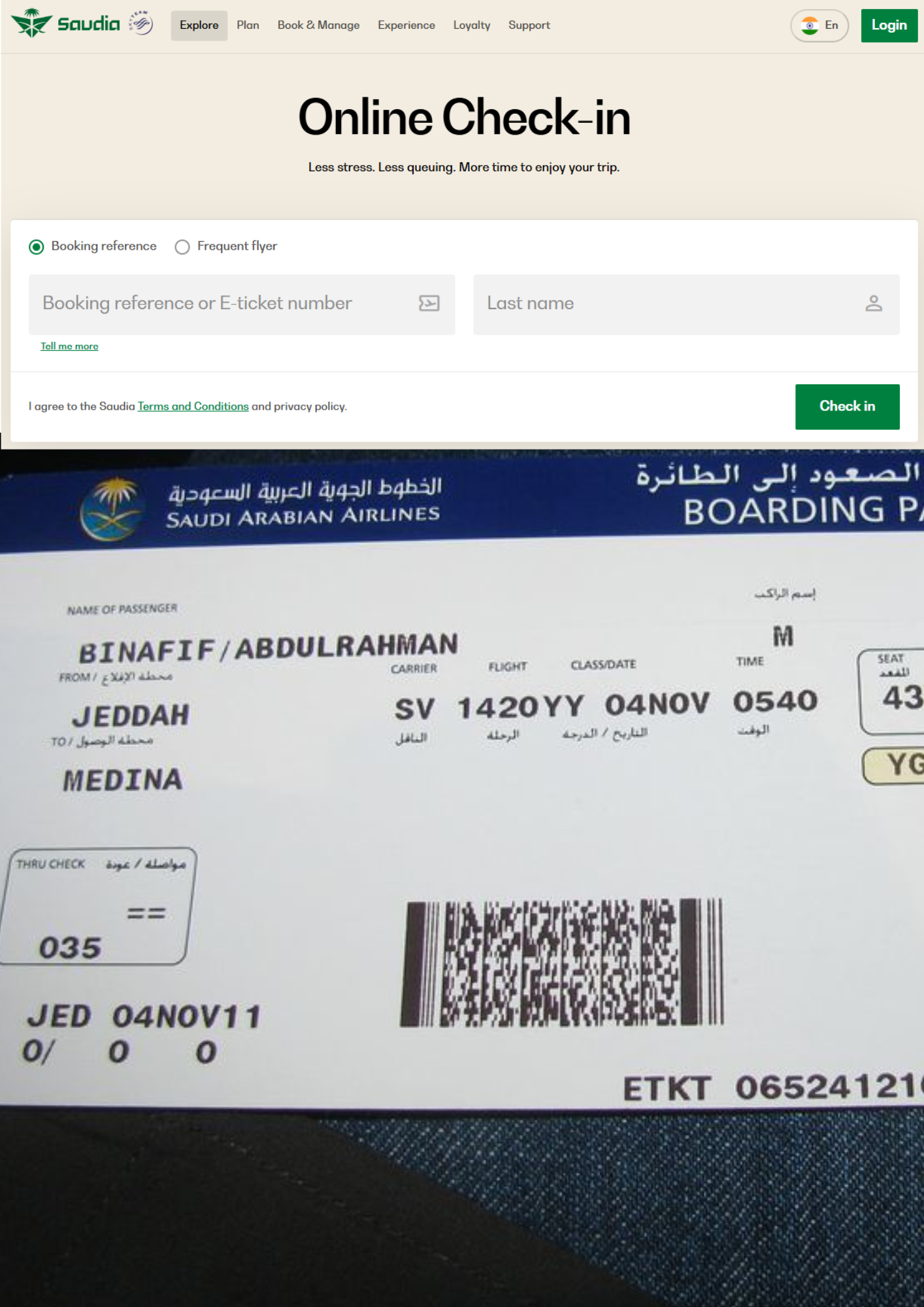 Saudi Airlines web check-in interface for boarding pass download