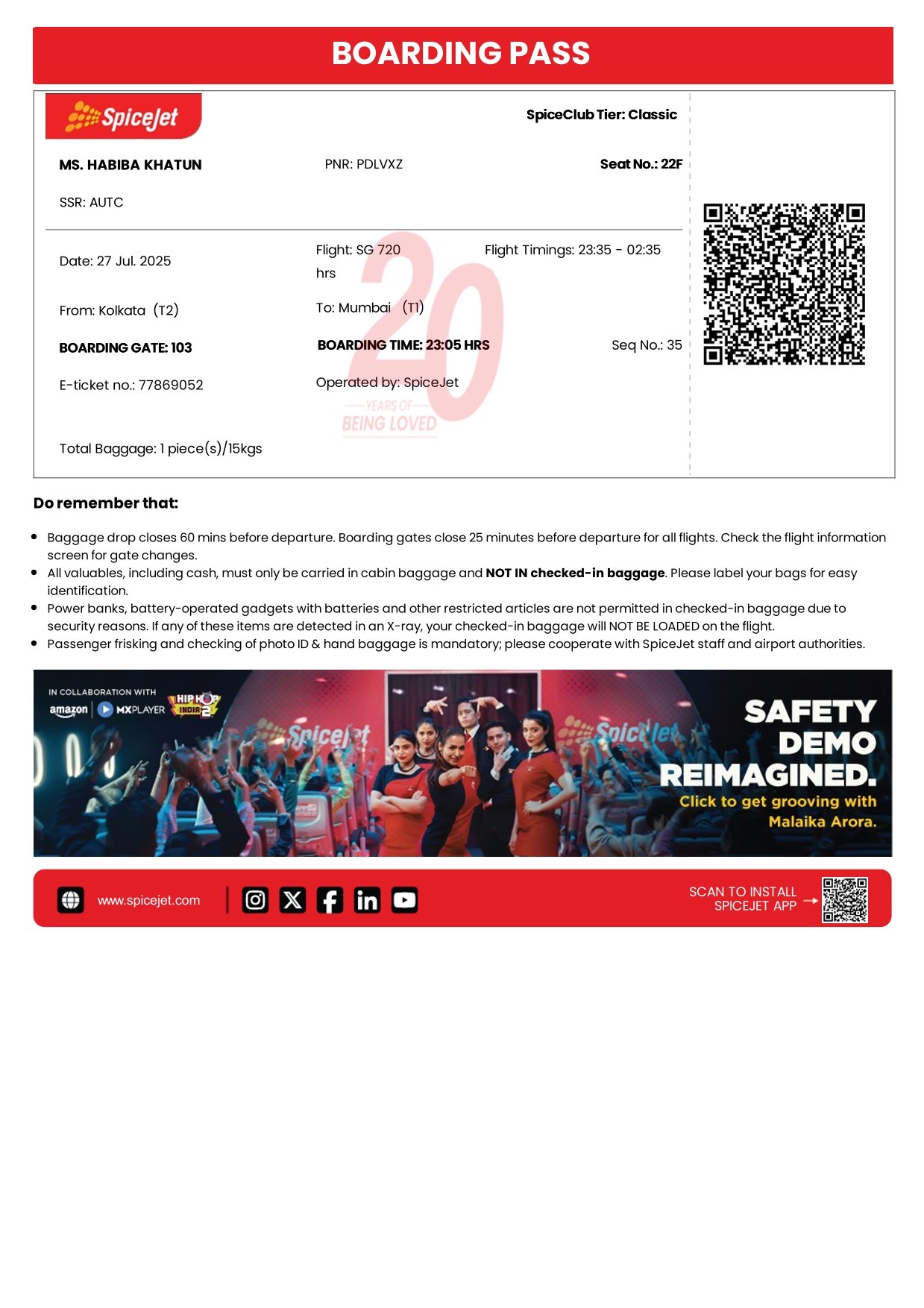 SpiceJet web check-in interface for boarding pass download